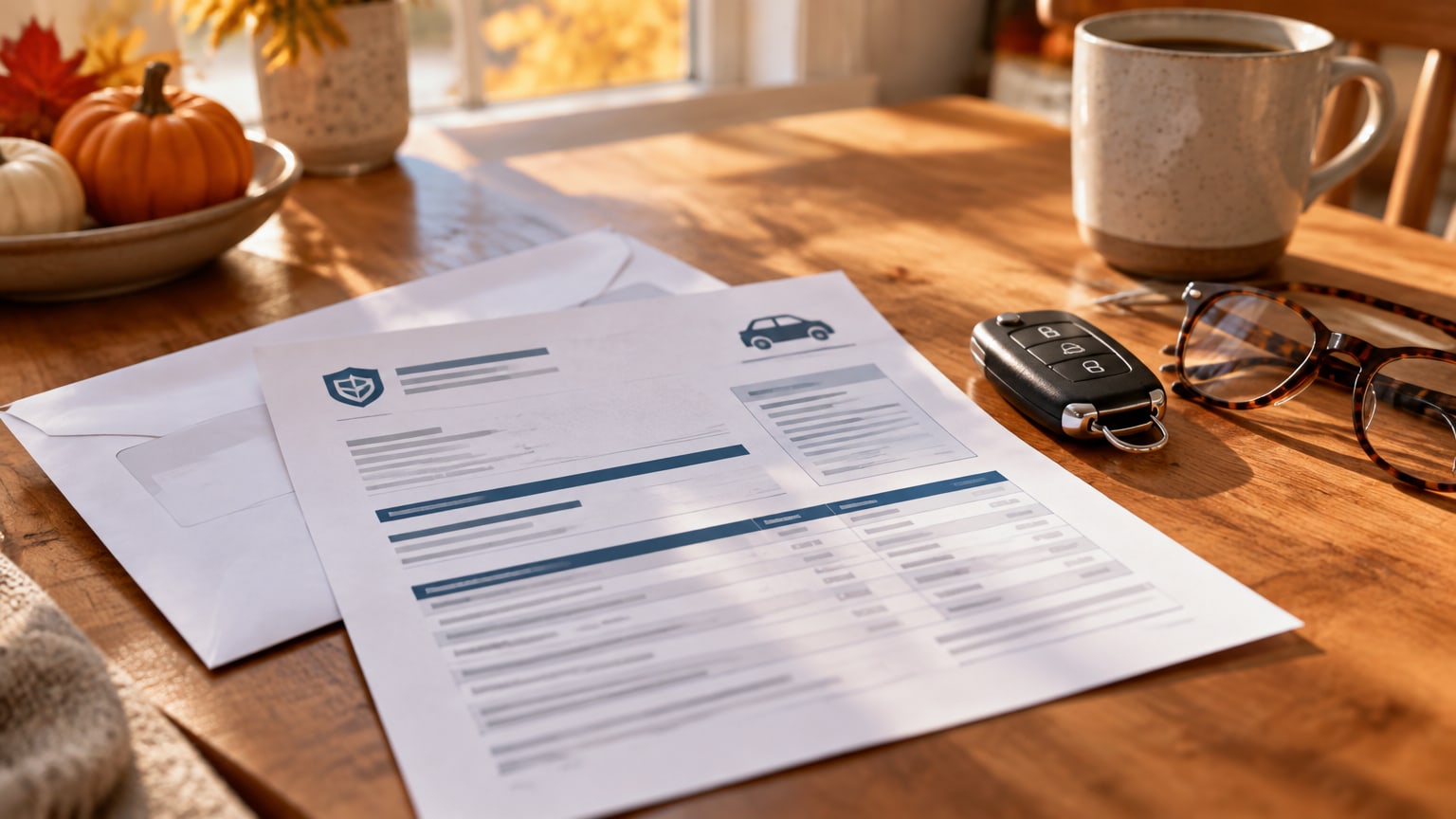 Auto insurance renewal letter on sunlit autumn kitchen table with car keys and glasses